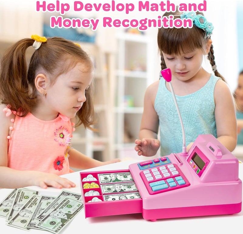 BAODLON Calculator Cash Register - 103 Pcs Pink Toy Cash Register, Microphone, Credit Card and Banking for Kids, Early Math Skills Toys Gifts for 3, 4, 5, 6 7 8+ Years Old Boys Girls - Image 5